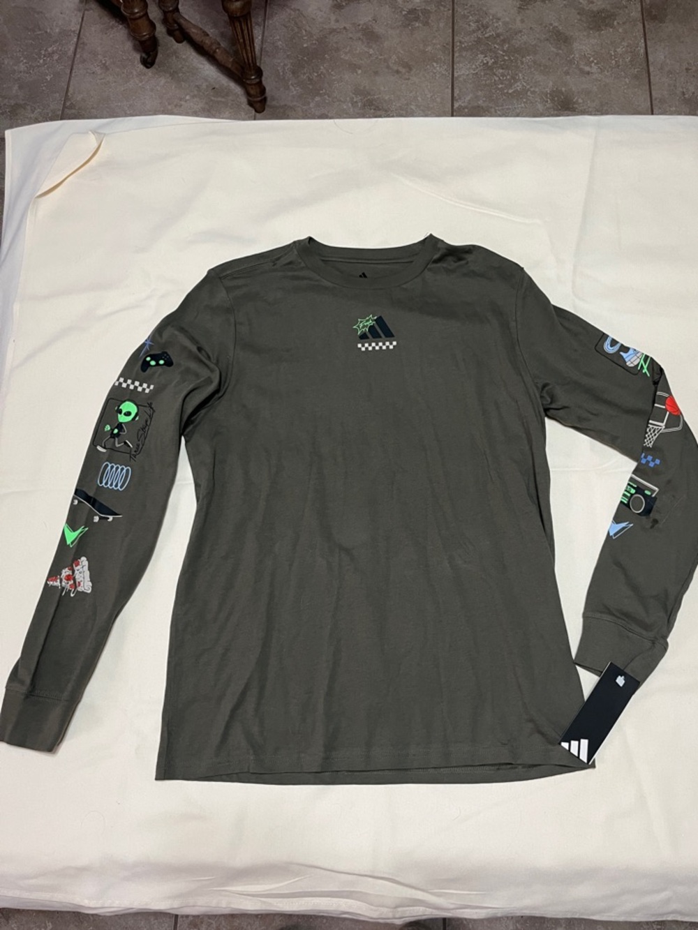 adidas Olive Green Long-Sleeve Graphic Tee with Multicolor Sleeve Prints